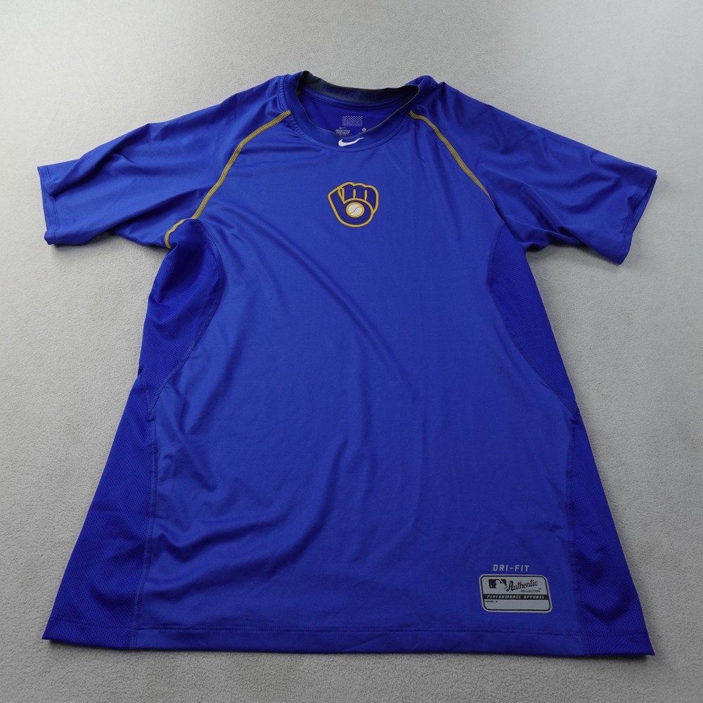 Nike Pro Combat Milwaukee Brewers Shirt Mens L MLB Baseball Training Blue Fitted